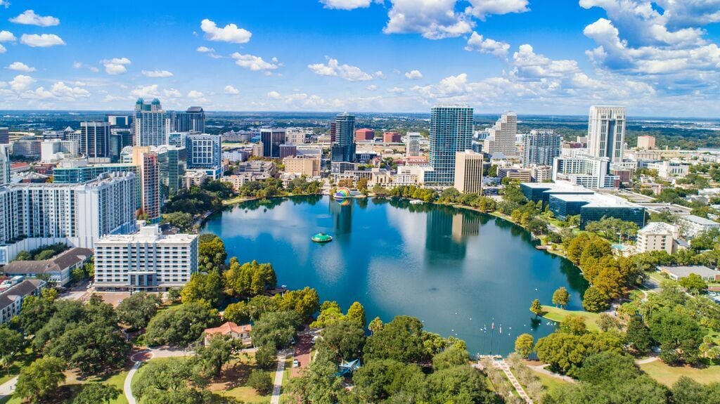 2879_Orlando, Florida, USA Downtown Drone Skyline Aerial
